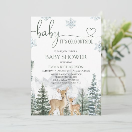 Wilderness Deer Baby Its Cold Outside Baby Shower 招待状 (スタンド正面)