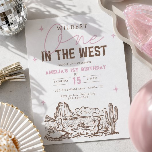 Wildest One カウガール 1歳の誕生日 招待状 ピンク
