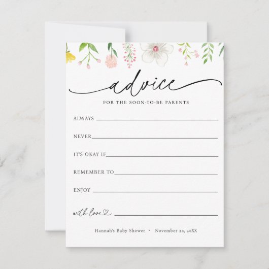 Wildflowerアドバイスのための親の赤ちゃんシャワーカード 招待状 (正面)