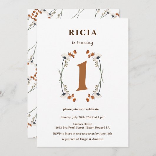 Wildflowerエレガントの最初の誕生日 招待状 (正面/裏面)