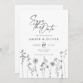 Wildflowerシンプル Line art日付の保存 招待状 (正面/裏面)