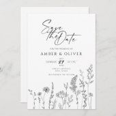 Wildflowerシンプル Line Art日付の保存 招待状 (正面/裏面)