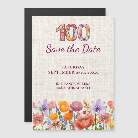Wildflower 100th Birthday Save the Date マグネット招待状 (正面/裏面)