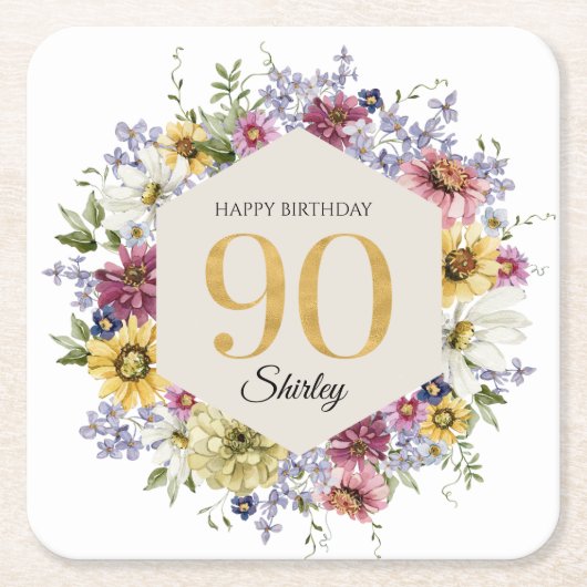 Wildflower 90歳の誕生日 名前入り スクエアペーパーコースター (正面)