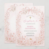 wildflower and butterfly Baptism Invite with Cross 招待状 (正面/裏面)