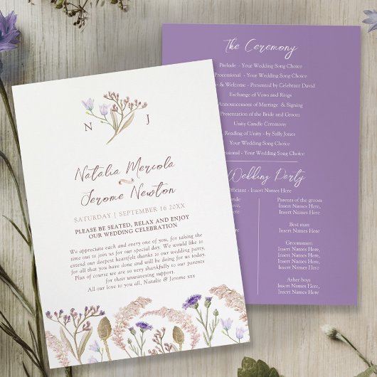 Wildflower and grasses watercolor wedding program プログラム