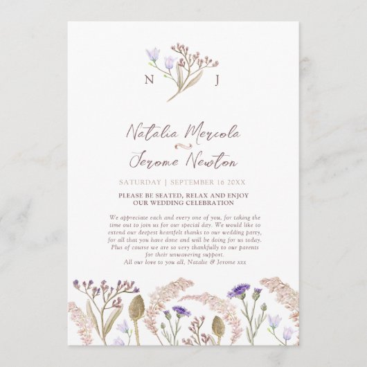 Wildflower and grasses watercolor wedding program プログラム (正面)