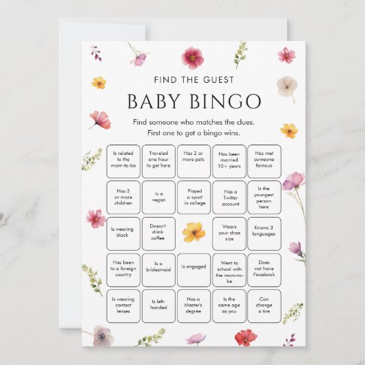 Wildflower Baby Shower ゲストビンゴゲーム 招待状 (正面)
