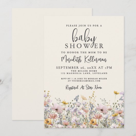 Wildflower Baby Shower 招待状 (正面/裏面)