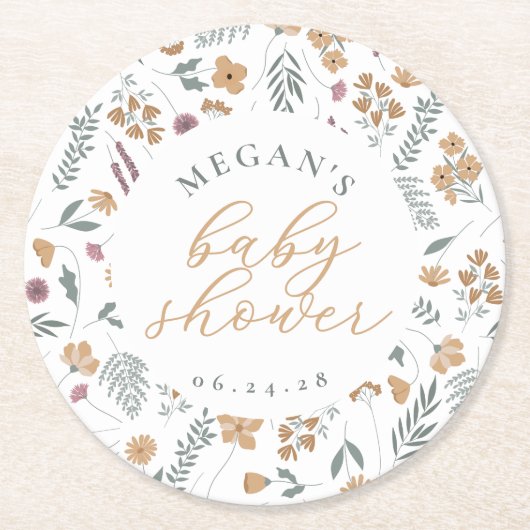Wildflower Baby Shower Coasters - Orange ラウンドペーパーコースター (正面)