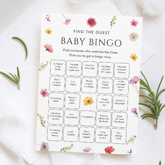 Wildflower Baby Shower Find the Guest Bingo Game  招待状