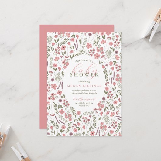 wildflower baby shower invitation - pink 招待状 (正面/裏面インサイチュ)