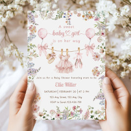 Wildflower Baby Shower Invitation, Pink Bow Floral 招待状