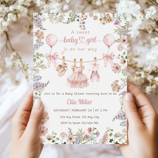 Wildflower Baby Shower Invitation, Pink Bow Floral 招待状
