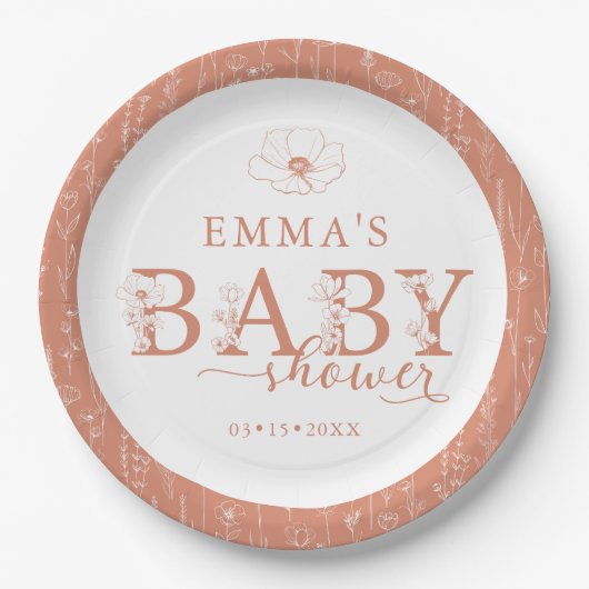 Wildflower Baby Shower | Terracotta Floral Plate ペーパープレート (正面)