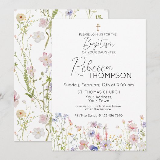 Wildflower Baptism Girl Invitation 招待状 (正面/裏面)
