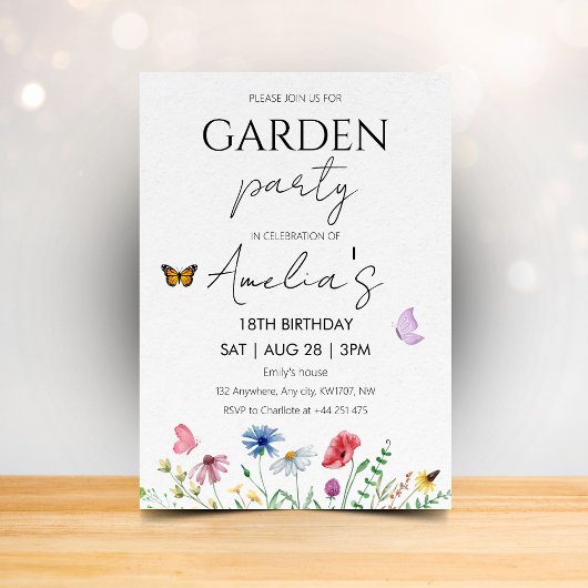 Wildflower Birthday Garden Party Pink Butterflies 招待状