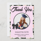 Wildflower Black Gingham Bow Photo Graduation サンキューカード (正面)