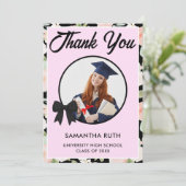 Wildflower Black Gingham Bow Photo Graduation サンキューカード (スタンド正面)