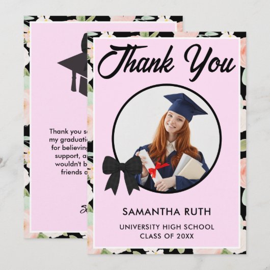 Wildflower Black Gingham Bow Photo Graduation サンキューカード (正面/裏面)