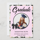 Wildflower Black Gingham Bow Photo Graduation 招待状 (正面)