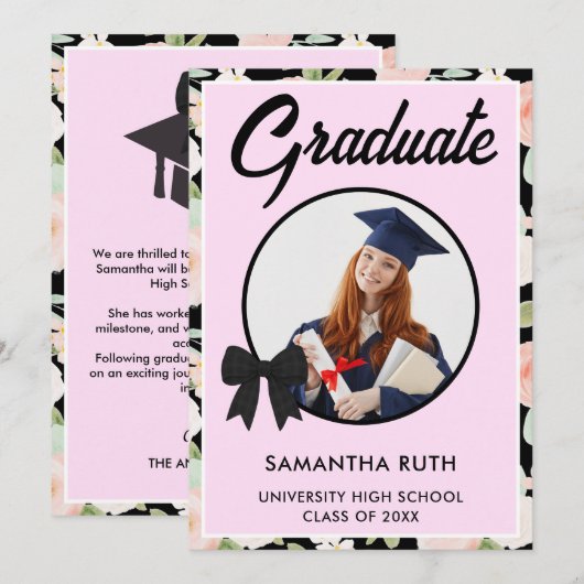 Wildflower Black Gingham Bow Photo Graduation 案内状 (正面/裏面)