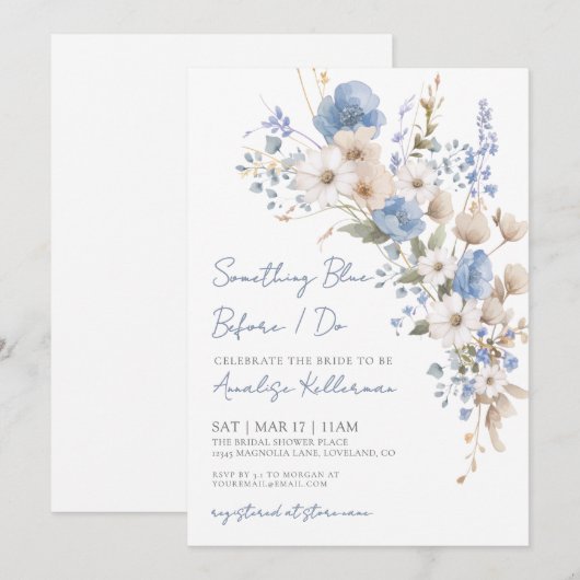 Wildflower Blue Floral Bridal Shower 招待状 (正面/裏面)