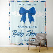 Wildflower Blue Gingham Bow Baby Shower Backdrop タペストリー (インサイチュ)