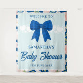 Wildflower Blue Gingham Bow Baby Shower Backdrop タペストリー (正面)