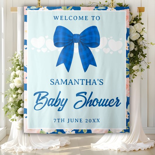 Wildflower Blue Gingham Bow Baby Shower Backdrop タペストリー