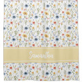 Wildflower Blue Yellow Pink Monogram Watercolor シャワーカーテン (正面)