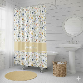 Wildflower Blue Yellow Pink Monogram Watercolor シャワーカーテン