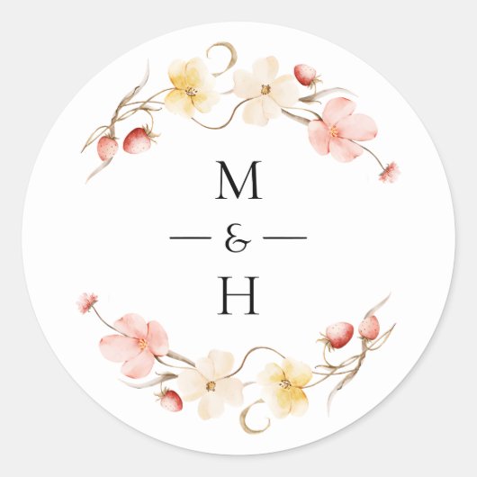 Wildflower Blush Floral Monogram Wedding Favor ラウンドシール (正面)