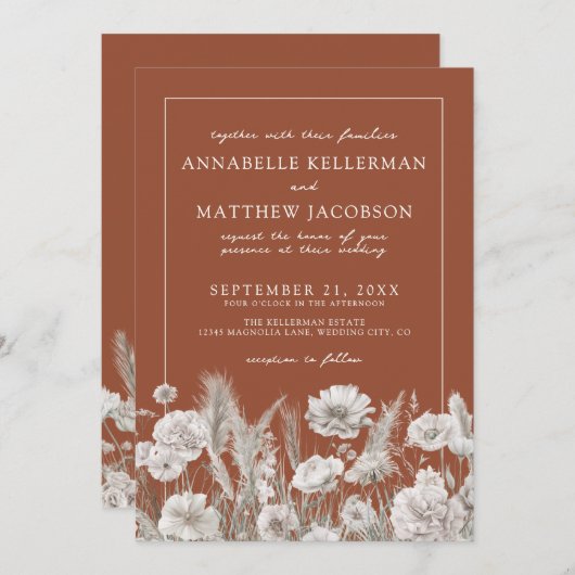 Wildflower Boho Burnt Orange Wedding 招待状 (正面/裏面)