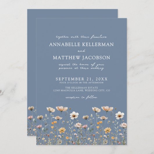 Wildflower Boho Floral Blue Wedding 招待状 (正面/裏面)