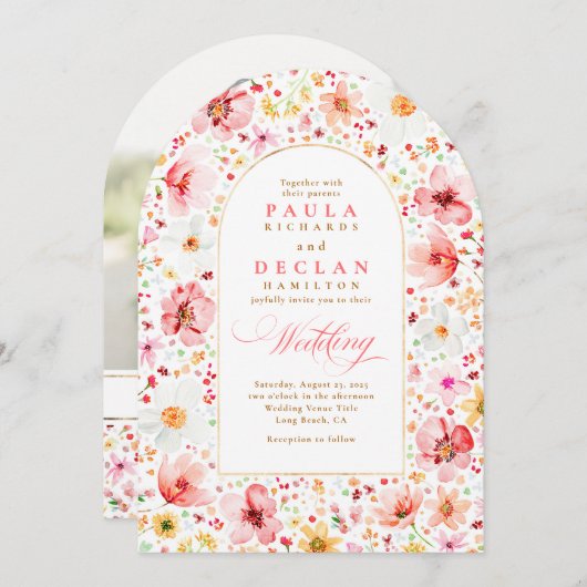 Wildflower Boho Floral Garden Wedding Arch Photo 招待状 (正面/裏面)