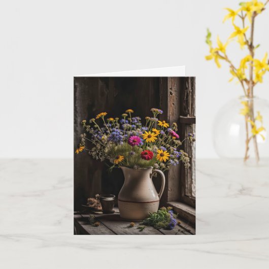 Wildflower Bouquet In Old Jug Note Card カード (黄色い花)