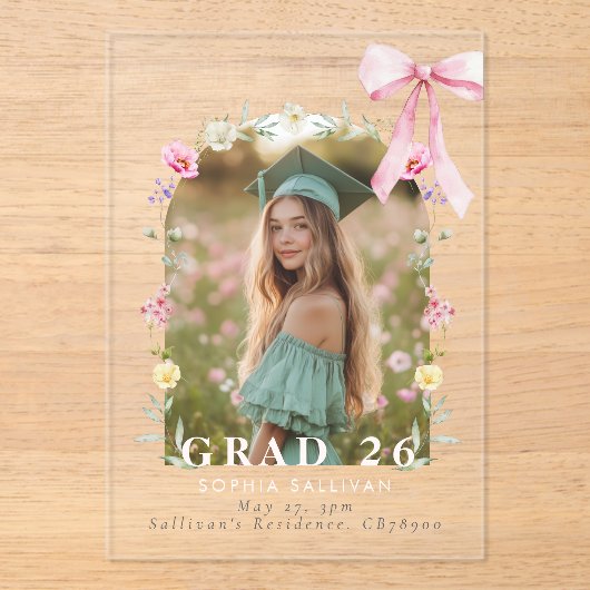 Wildflower Bow Graduation party Photo Collage アクリル招待状 (正面)