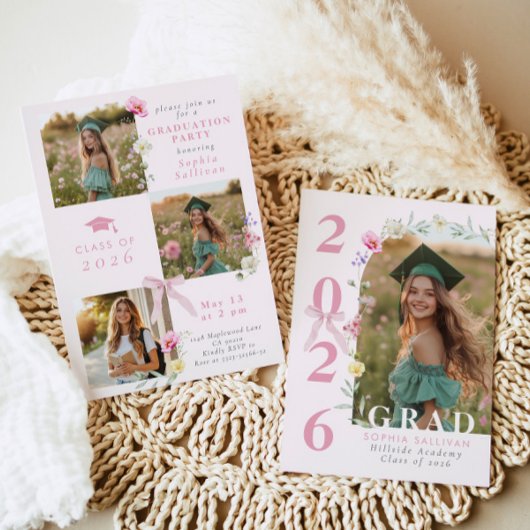 Wildflower Bow Graduation party Photo Collage 招待状