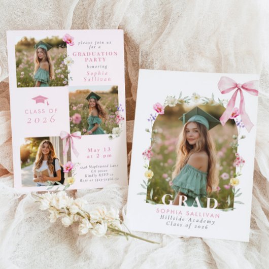 Wildflower Bow Graduation party Photo Collage 招待状