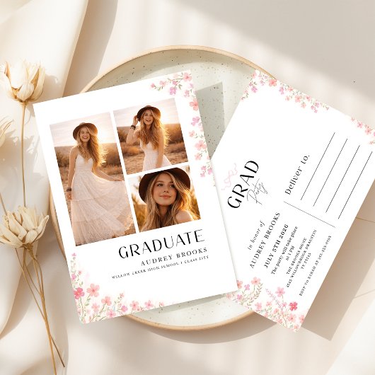 Wildflower Bow Photo Collage Graduation Invitation ポストカード