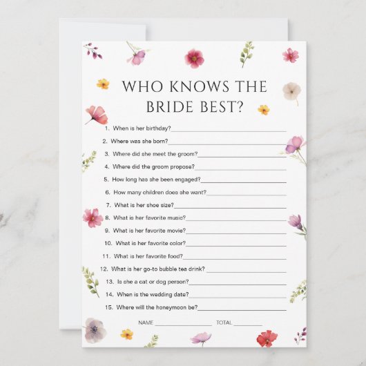 Wildflower Bridal Shower Who Knows Bride ゲームカード 招待状 (正面)