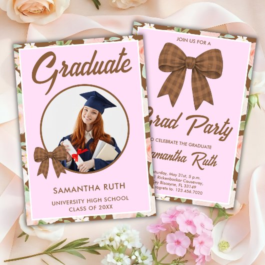 Wildflower Brown Gingham Bow Photo Graduation 招待状