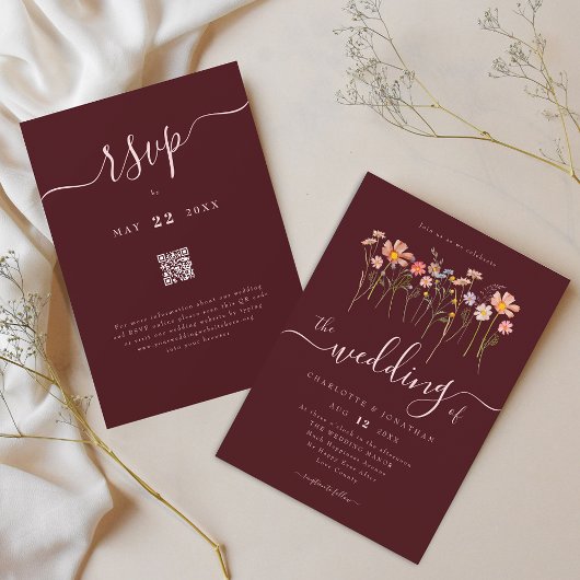 Wildflower Burgundy Blush Pink Wedding QR code 招待状