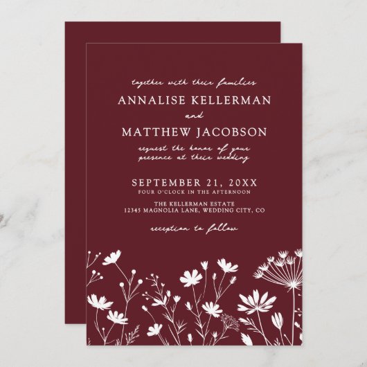 Wildflower Burgundy Wedding 招待状 (正面/裏面)