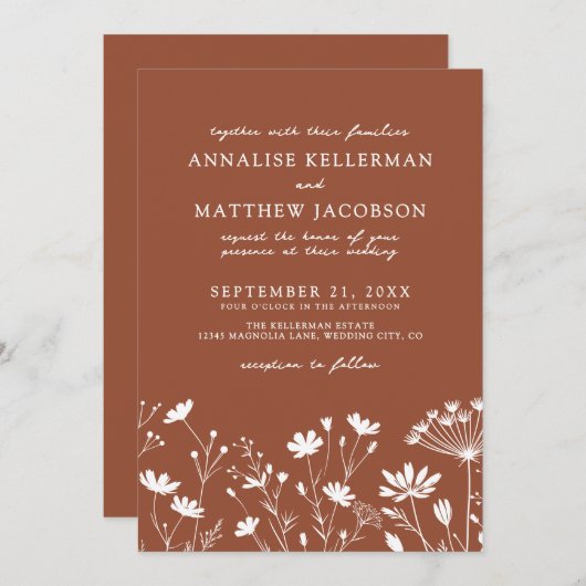 Wildflower Burnt Orange Wedding 招待状 (正面/裏面)