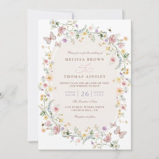 Wildflower Butterfly Garden QR Code Wedding 招待状 (正面)