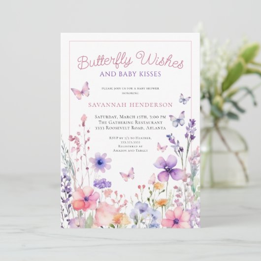 Wildflower Butterfly Wishes ベビーシャワー 招待状 (スタンド正面)