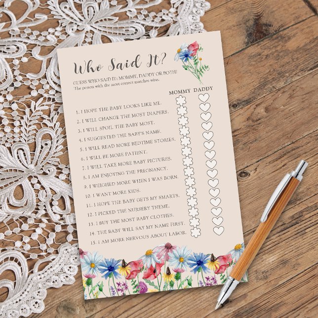 Wildflower Charm Who Said It シャワーゲーム (Who Said It? Mommy or Daddy Baby Shower game from Wildflower Charm collection by Darling & May)
