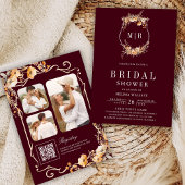 Wildflower Crest QR Code Burgundy Bridal Shower 招待状